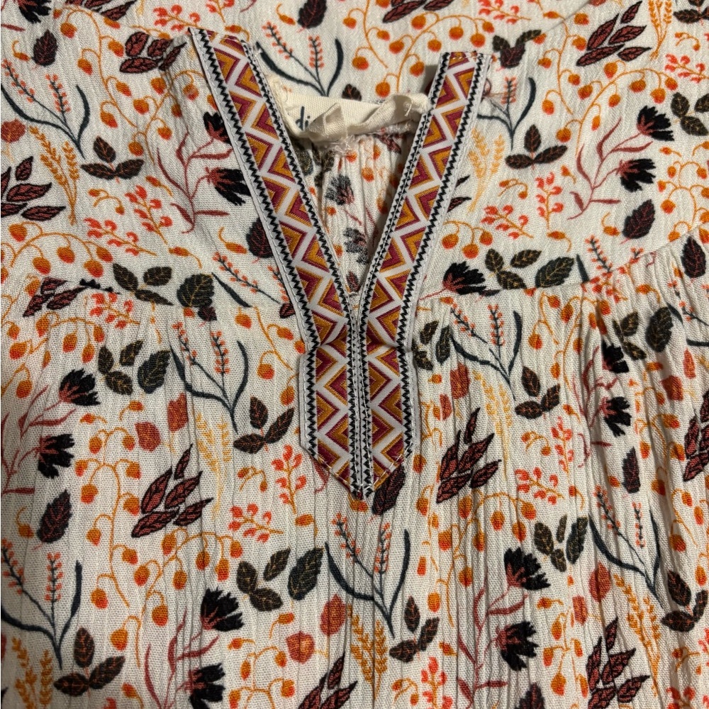 Women's Indigo Soul White Orange Floral Boho 3/4 Elastic Cuff Sleeve Top Size S
